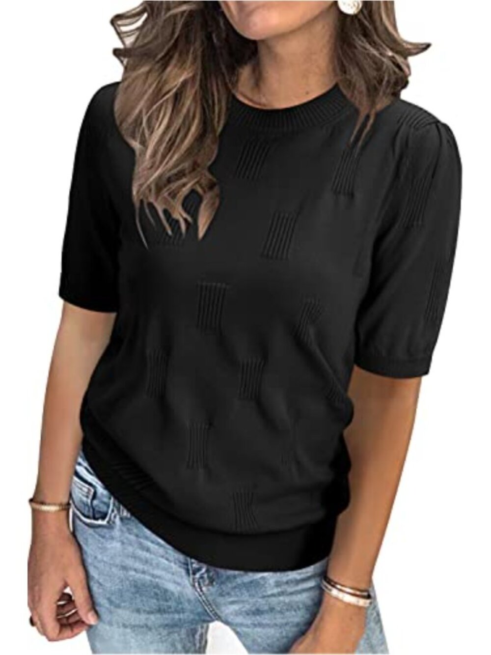 Womens Short Sleeve Puff Sweater Crew Neck Lightweight Knit Pullover Dressy